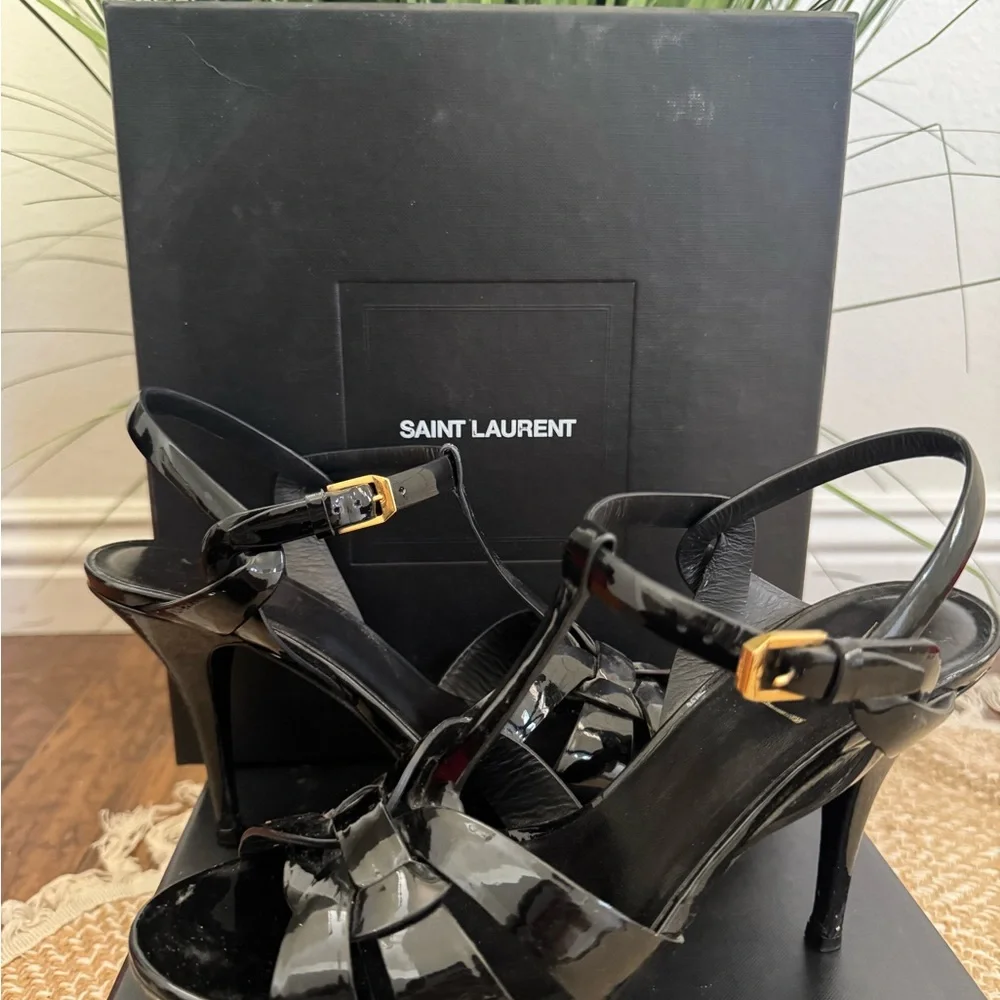 Saint Laurent Glossy Black Strappy Heels - Picture 2 of 2